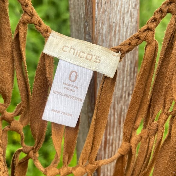 Chico's Sz. 0 (Small/4) Waterfall Fringe Brown Faux Suede Boho Macrame Vest - Picture 4 of 16